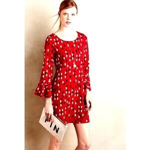 Maeve Anthropologie Sweater Shift mini Dress L Red flutter sleeves LARGE circles